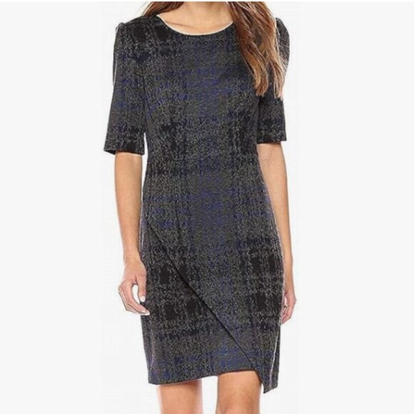 Betsey Johnson Asymmetrical Plaid Knit Sheath Short Sleeve Dress 12 - Picture 1 of 13